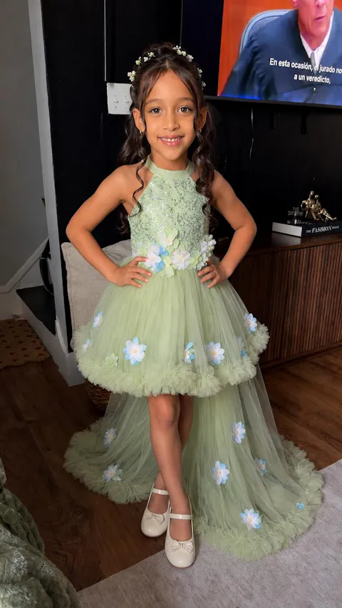 Sage Green Halter Gown with Sequins & 3D Flowers - Girls' Pageant Dress J873B