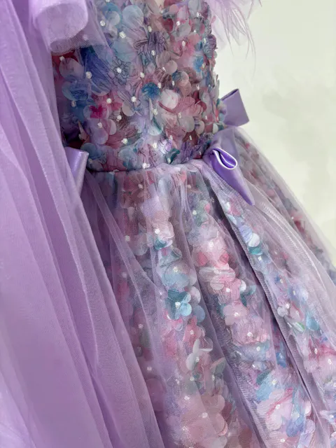 Purple Flower Girl Dress for Girls Feather Floral Tulle Party Dress for Party D282