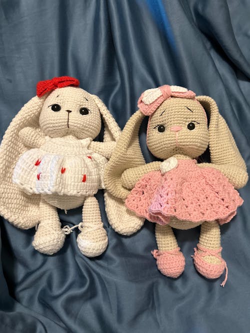 Handmade Crochet Long ear Cute Bunny in Fancy White Dress