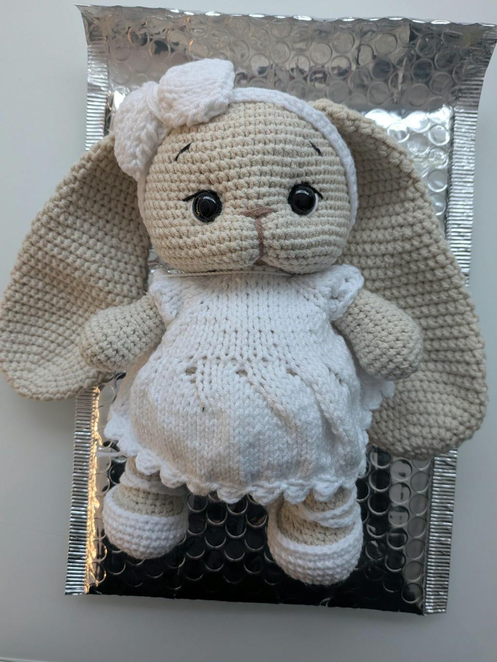 Handmade Crochet Long ear Cute Bunny in Fancy White Dress