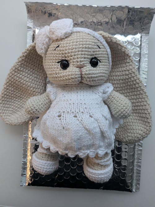 Handmade Crochet Long ear Cute Bunny in Fancy White Dress