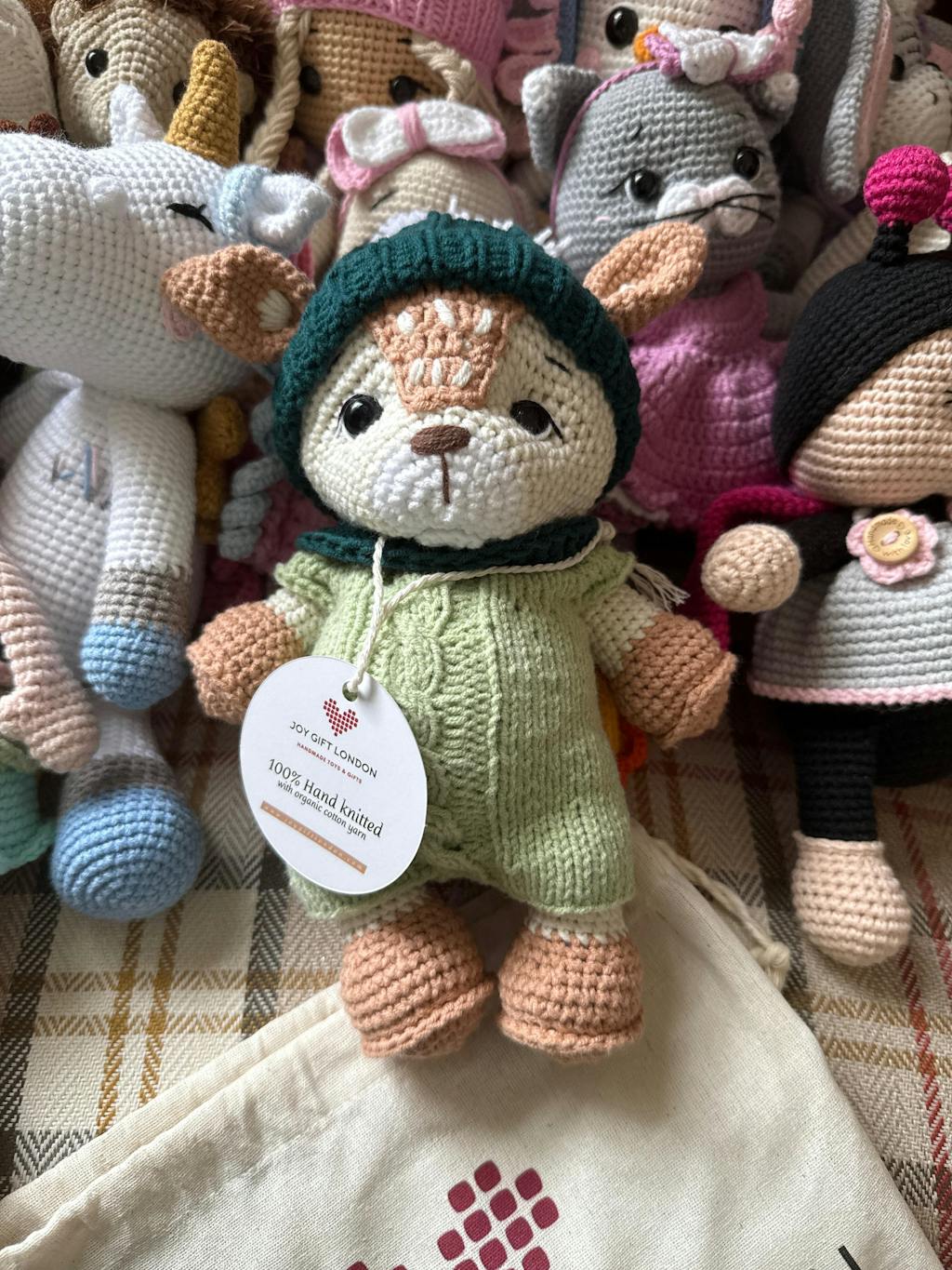 Adorable Handmade Crochet Deer in Green Hat and Grey Outfit