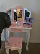 JOYMOR Kids Vanity Set Vanity Table-Tri Folding Mirror Wooden Princess  Makeup Table with Stool