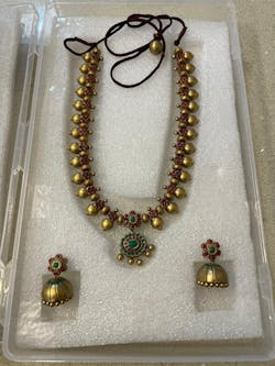 Padmasri — Antique Gold Red Green Floral Design Contemporary Style Handmade Terracotta Necklace Set