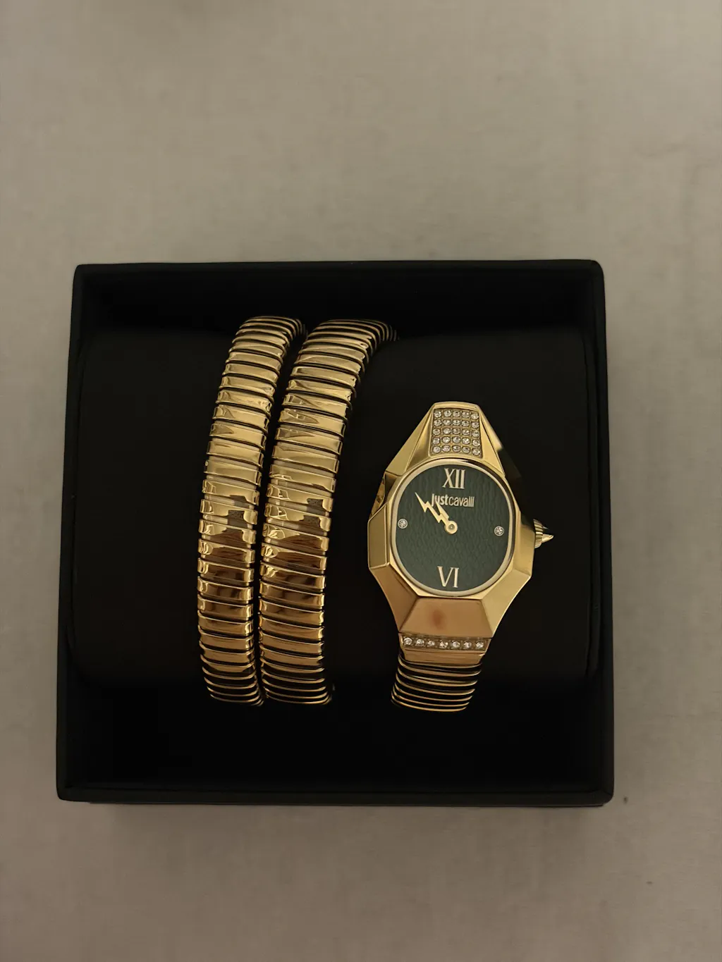 Just Cavalli Signature Snake Lunara Yellow Gold Green Watch
