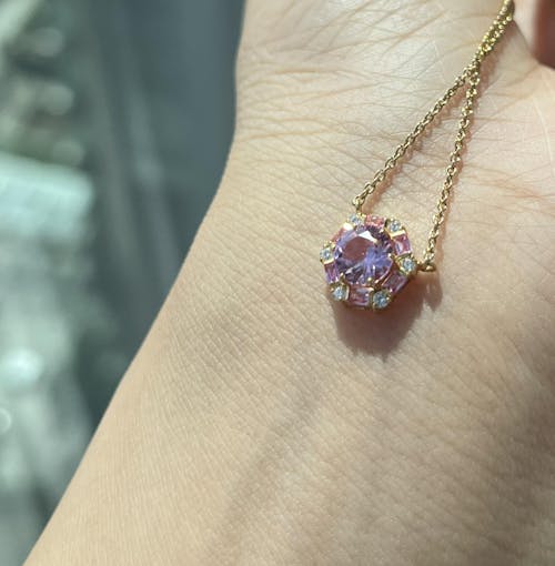 Melba Pink Sapphire & Diamond Halo Pendant Necklace In Gold