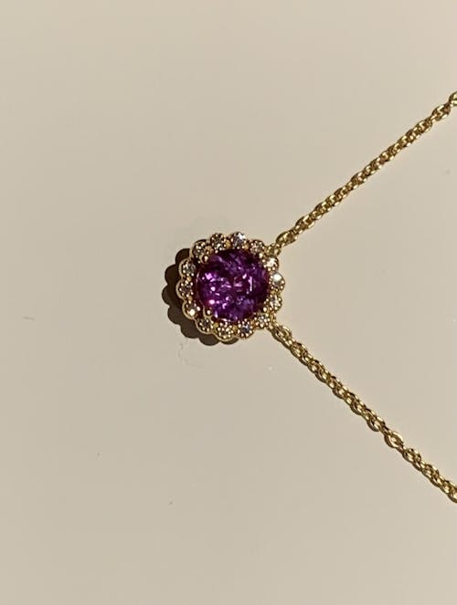 Solen Purple Sapphire Round & Diamond Halo Pendant Necklace in Gold