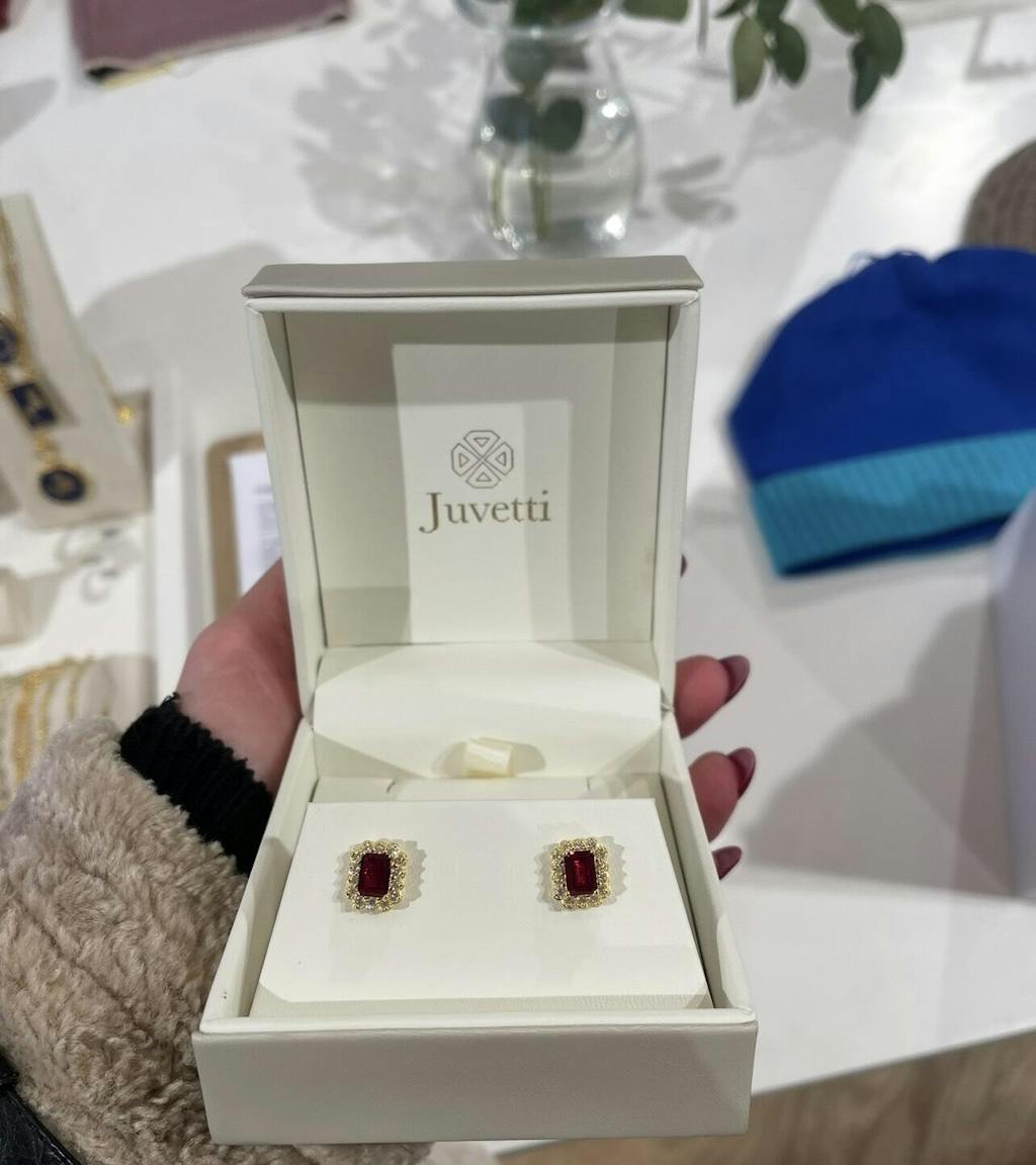 Verda Ruby Emerald-Cut & Diamond Halo Stud Earrings in Gold