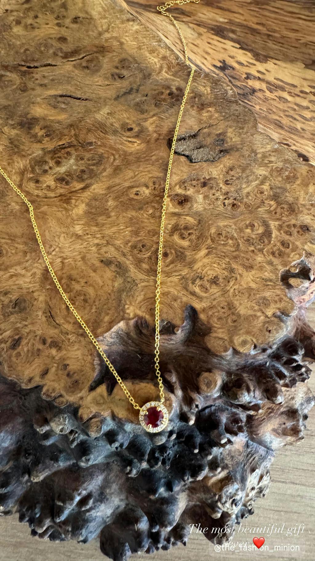 Mars Ruby Round & Diamond Halo Necklace In Gold