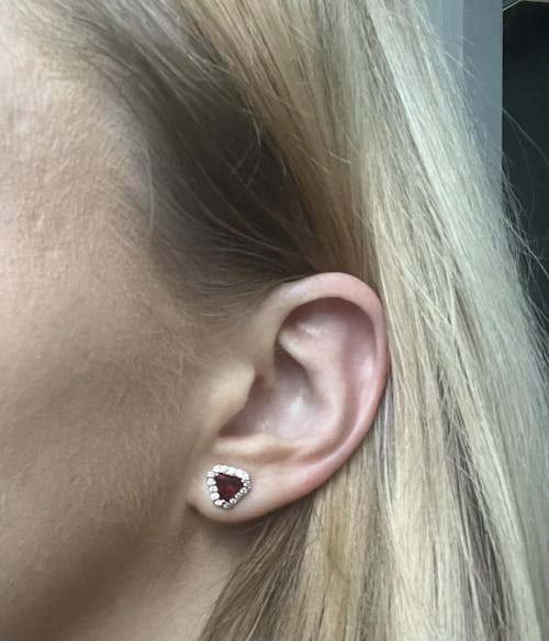 Diana Ruby Triangle Cut & Diamond Halo Stud Earrings in Rose Gold