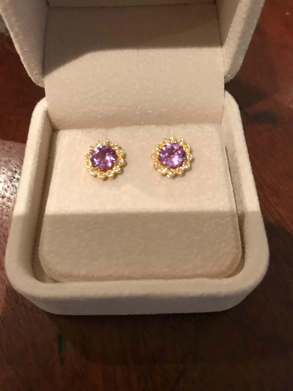 Solen Purple Sapphire Round & Diamond Halo Stud Earrings in Gold