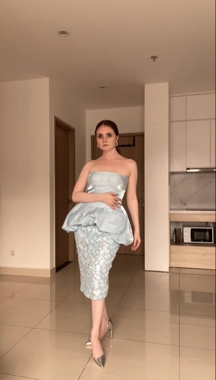 Azure Strapless Peplum Sequin Midi Dress