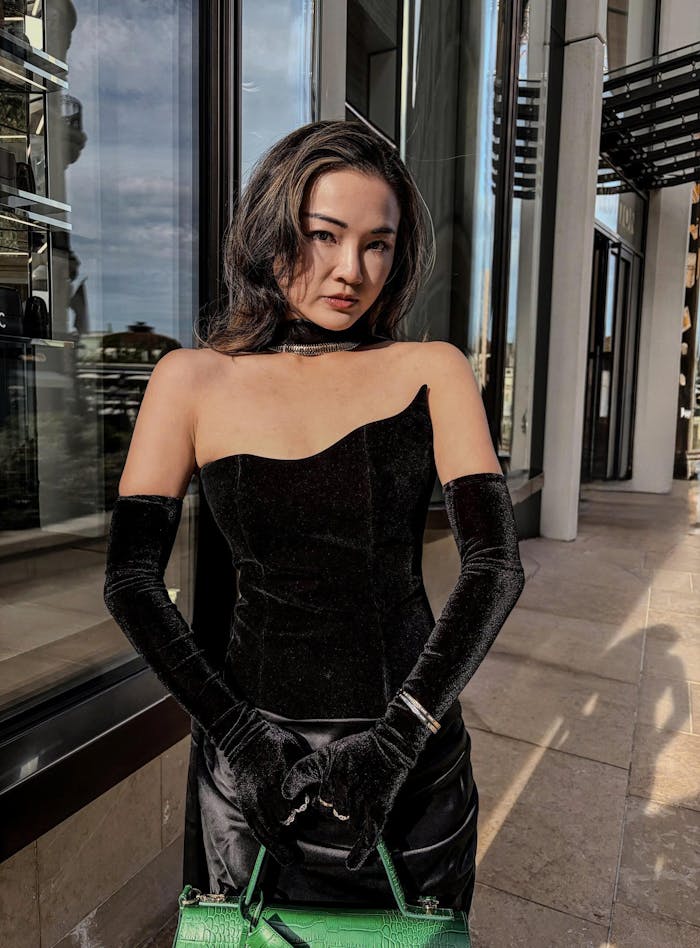 Architectural Corset Silk Velvet Gown With Scarf & Gloves