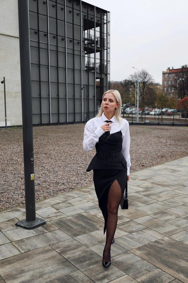 Noir Stripe Tweed Set Bandeau Neckline With Long Slit Skirt