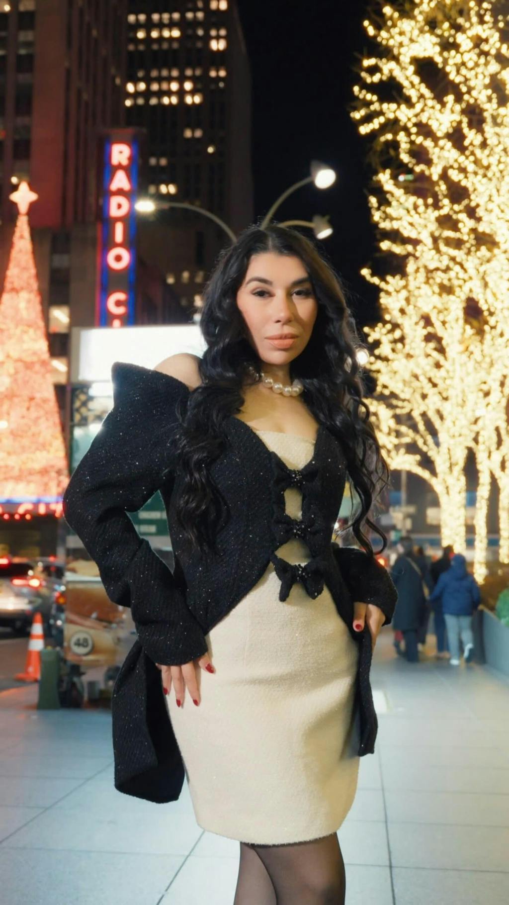 Stellar Black & White Long Sleeves Bow Embellished Mini Dress