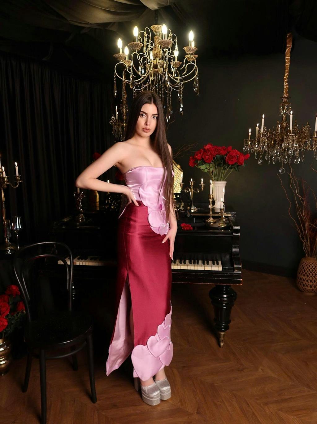 Darling Color Mix Taffeta Asymmetric Heart Detail Maxi Dress