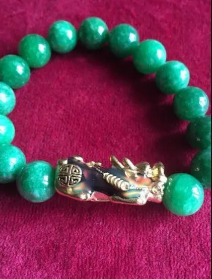 Bracelet Jade Vert Clair Naturel - Pixiu Animal Mythique - Perles Boules - Neuf Sans Boîte