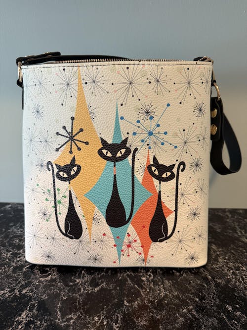 Atomic Cat Mid Century Starburst Crossbody Bucket Bag, Retro MCM 50s Handbag, Vintage Mod Geometric Purse