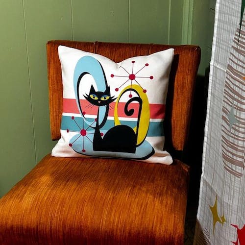 Mid Century Modern Atomic Cat Throw Pillow, Retro MCM Cushion, Atomic Design Home Accent
