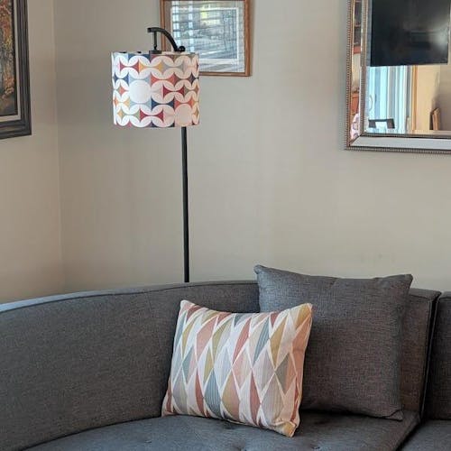 Scandinavian Modern Arc Floor Lamp, Retro 60s Geometric Pattern, Mid Century Modern Accent Lighting, Nordic Style Home Decor