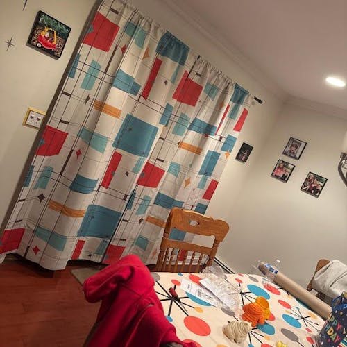 Mid Century Modern Geometric Starburst Pattern Window Curtain, Atomic Squares, Rectangles Curtain Panels, Mid Mod Orange, Aqua, Teal, Cream