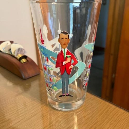 Retro Vintage 1950s Kitsch Christmas Card Art Pint Glass, MCM Holiday Party Barware, Mid Century Modern Atomic Starburst Cocktail Shaker
