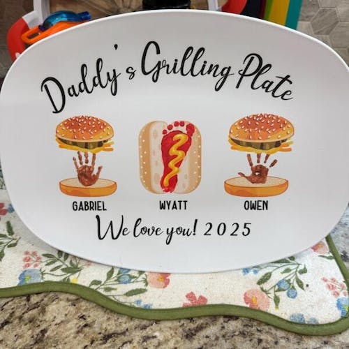Custom Handprint and Footprint with Burger Hot Dog Grilling Plate - Personalized Father's Day Gift