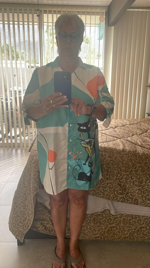 Atomic Cat Martini Lounge Shirt Dress, Mid Century Modern Coverup, Retro 50s Barware Print Beachwear