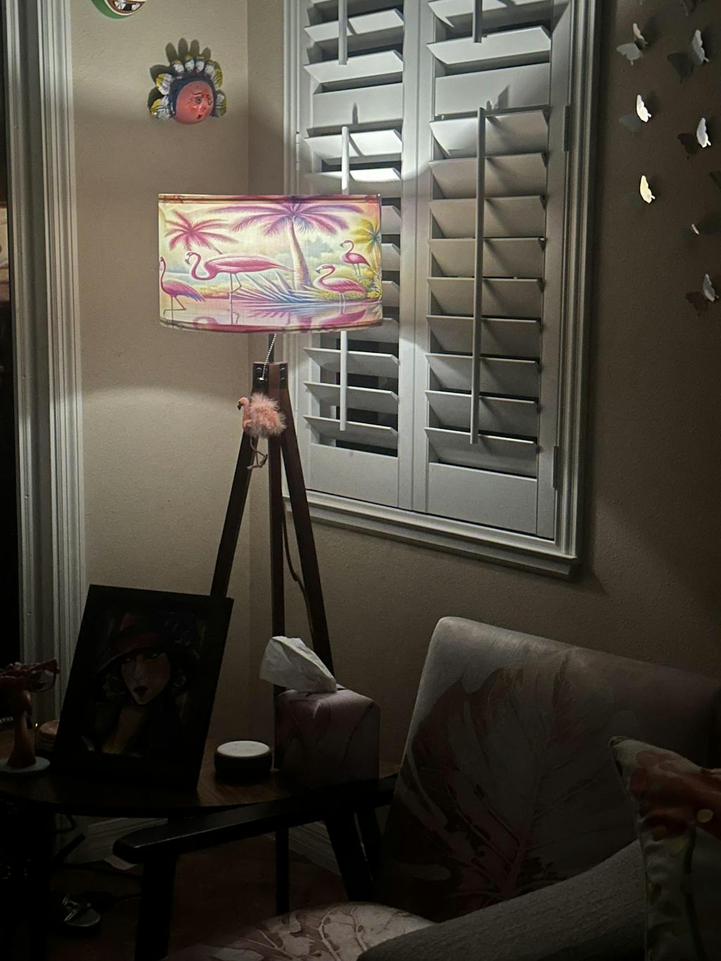 Mid Century Modern Tropical Flamingo Tripod Floor Lamp, Sunset Linen Drum Shade, Retro Accent Living Room, Bedroom, Office Lamp