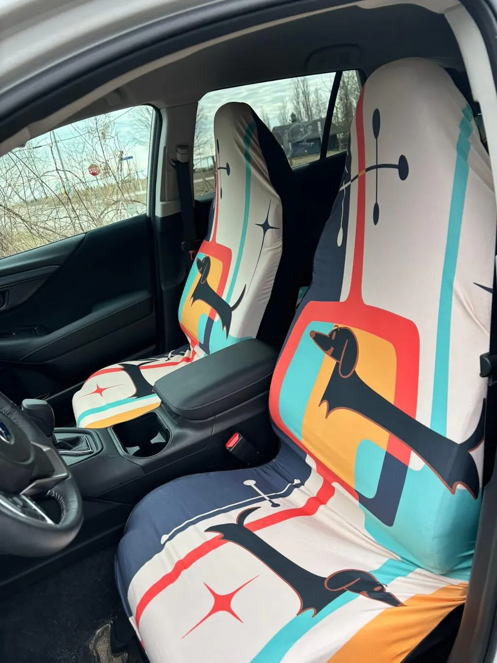 Atomic Dachshund Dog Mid Century Modern Front Car Seat Cover Set, Geometric Teal Blue, Mustard Yellow, Cream MCM Starburst Seat Protector