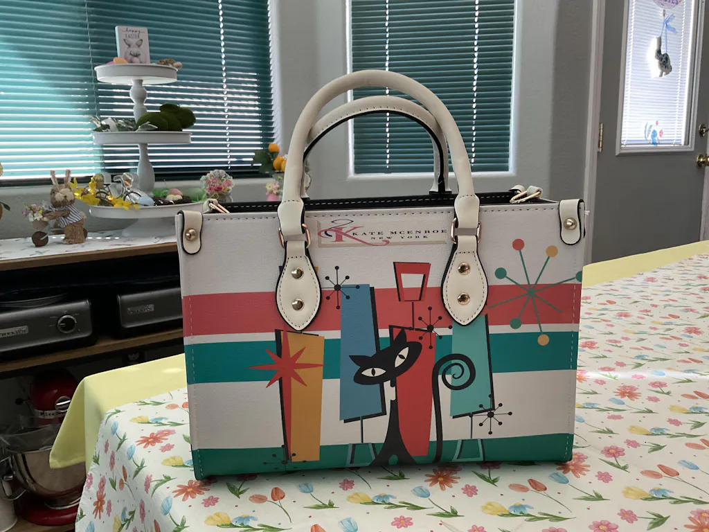 Atomic Cat Mid Century Modern Teal Coral Cream Striped Satchel, Retro Geometric Handbag