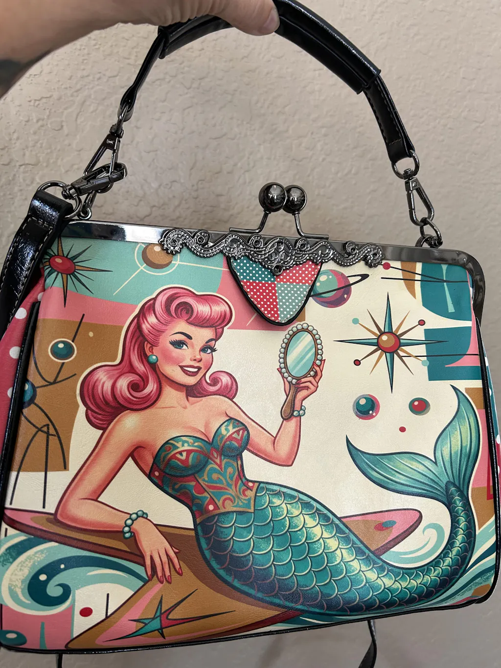 Kitschy 1950s Retro Mermaid Atomic Starburst Kiss Lock Handbag