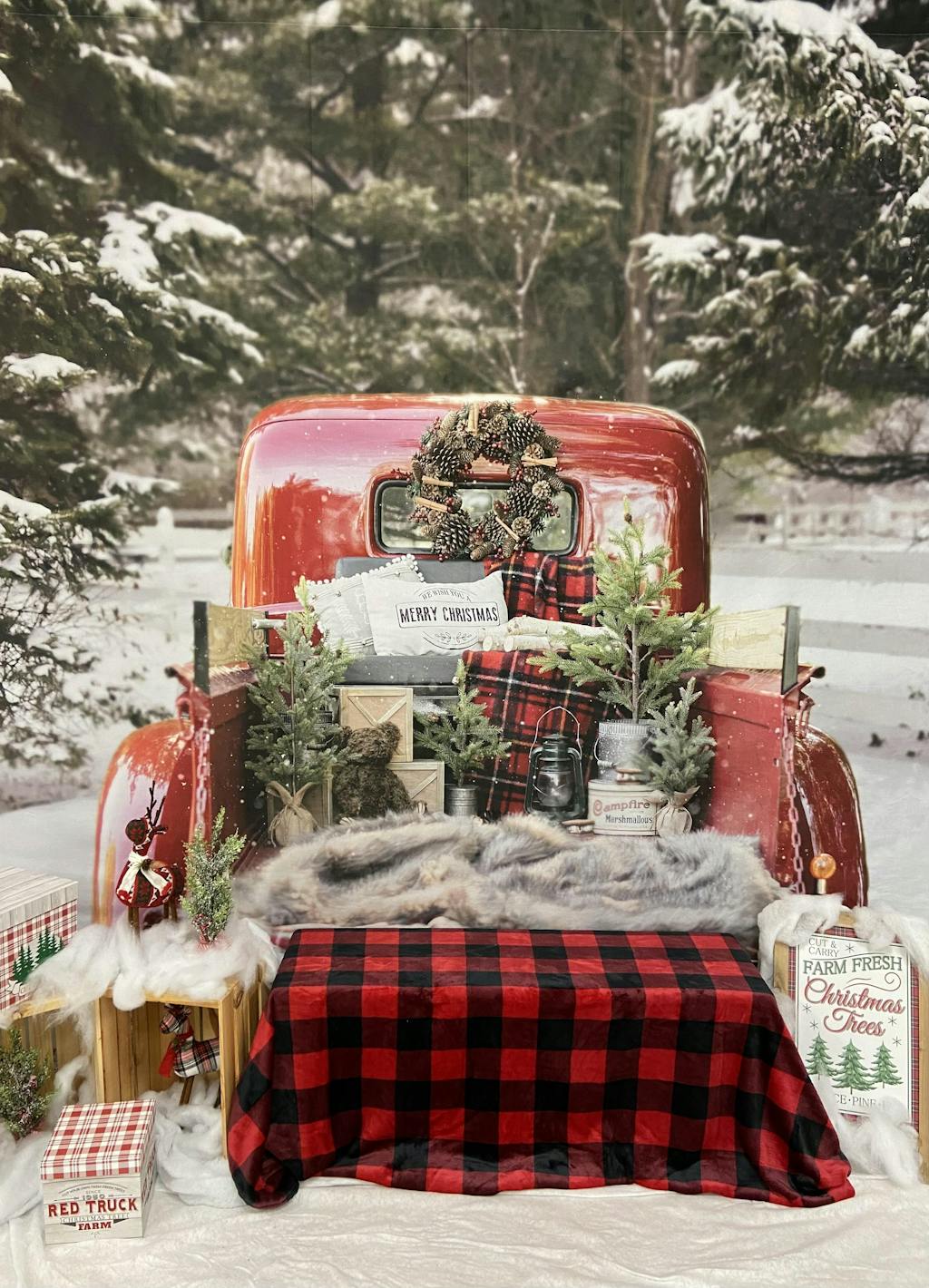 Kate Red Christmas Truck in Snow Backdrop for Photography