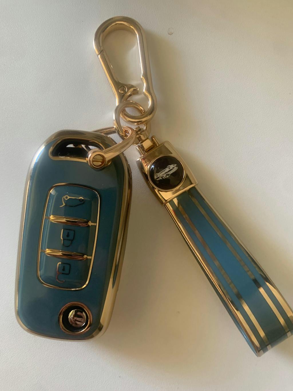 Universal Metal Car Keychain with Gold Trim TPU Lanyard