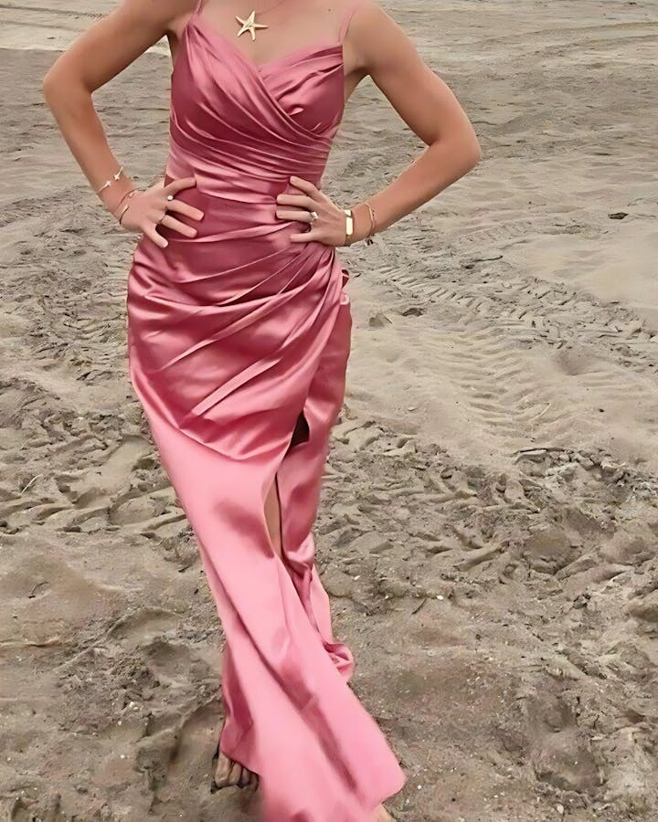 Sexy Satin Sheath Bridesmaid Dresses Spaghetti Straps V-neck Side Slit Pleats Floor Length