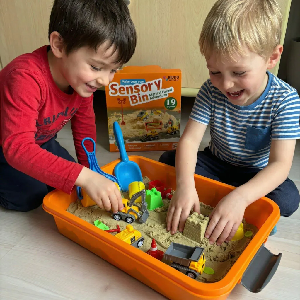 Cutie senzorială: Șantier – set cu nisip kinetic, pietricele