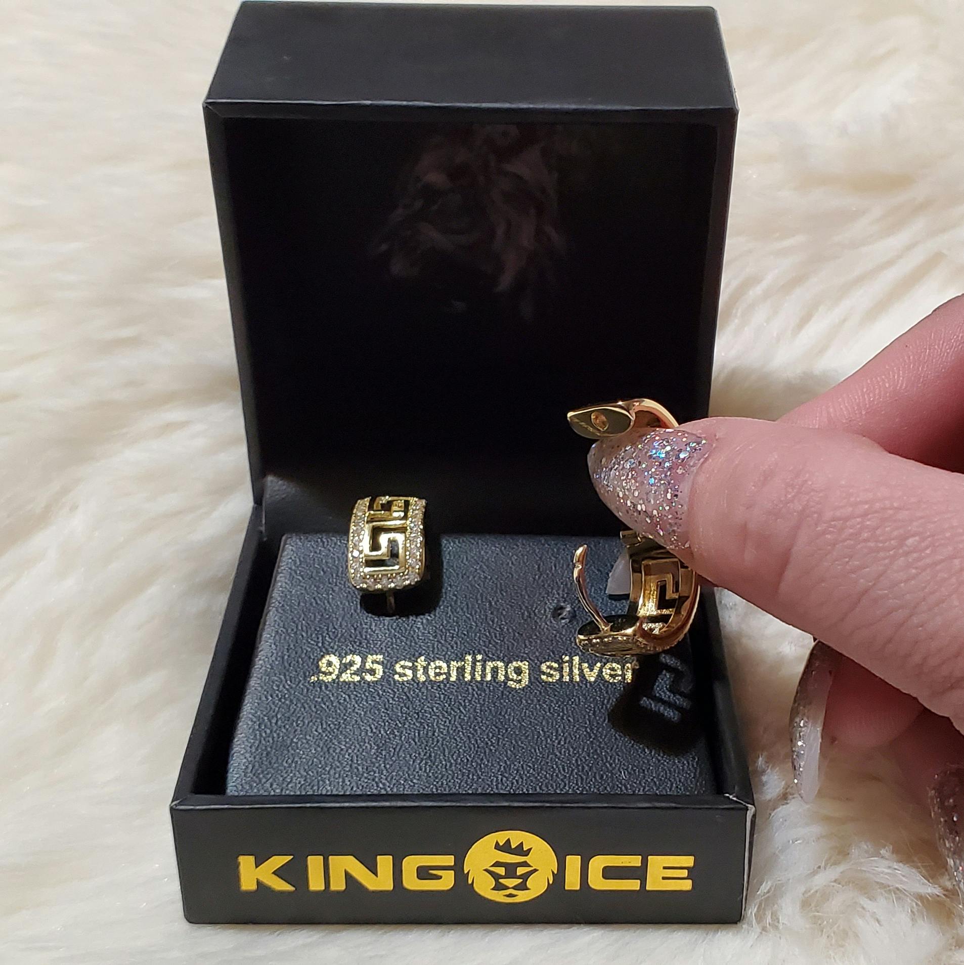 送料関税込【King Ice】White Gold CZ Greek Key Hoop ピアス Iced Greek Key Hoop Earrings | Sterling Silver Earrings