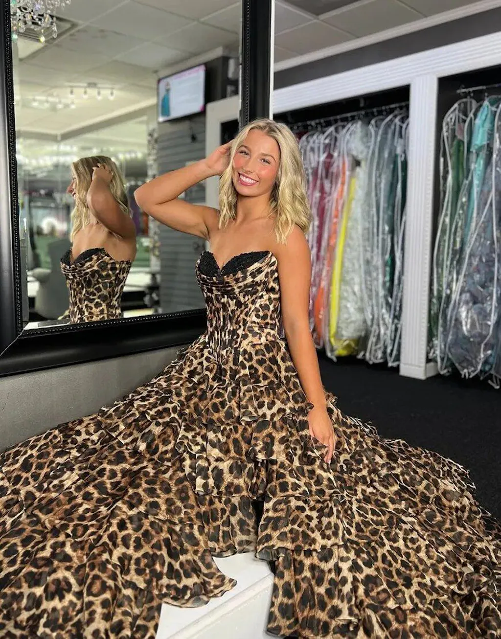 Leopard Sweetheart A Line Chiffon Ruffled Long Prom Dresses With Appli Leopard Sweetheart A Line Chiffon Ruffled Long Prom Dresses With Appli