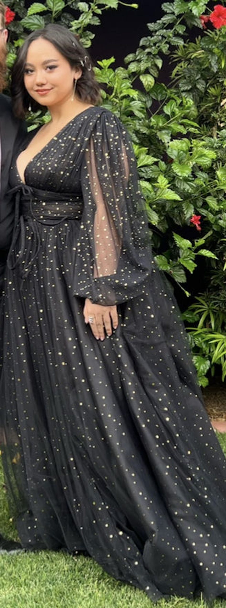 V-neck Starlit Cloud Ruffle Sleeves Floor Length Tulle Prom Dress
