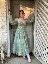 KissProm Sweetheart Embroidery Tea-Length Tulle Puff Sleeves Floral Corset Prom Dress, Green / 10