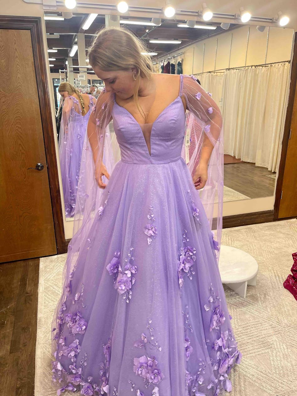 KissProm Lavender 3D Floral Lace A-Line Prom Dress with Cape Sleeves, Sky Blue / 18