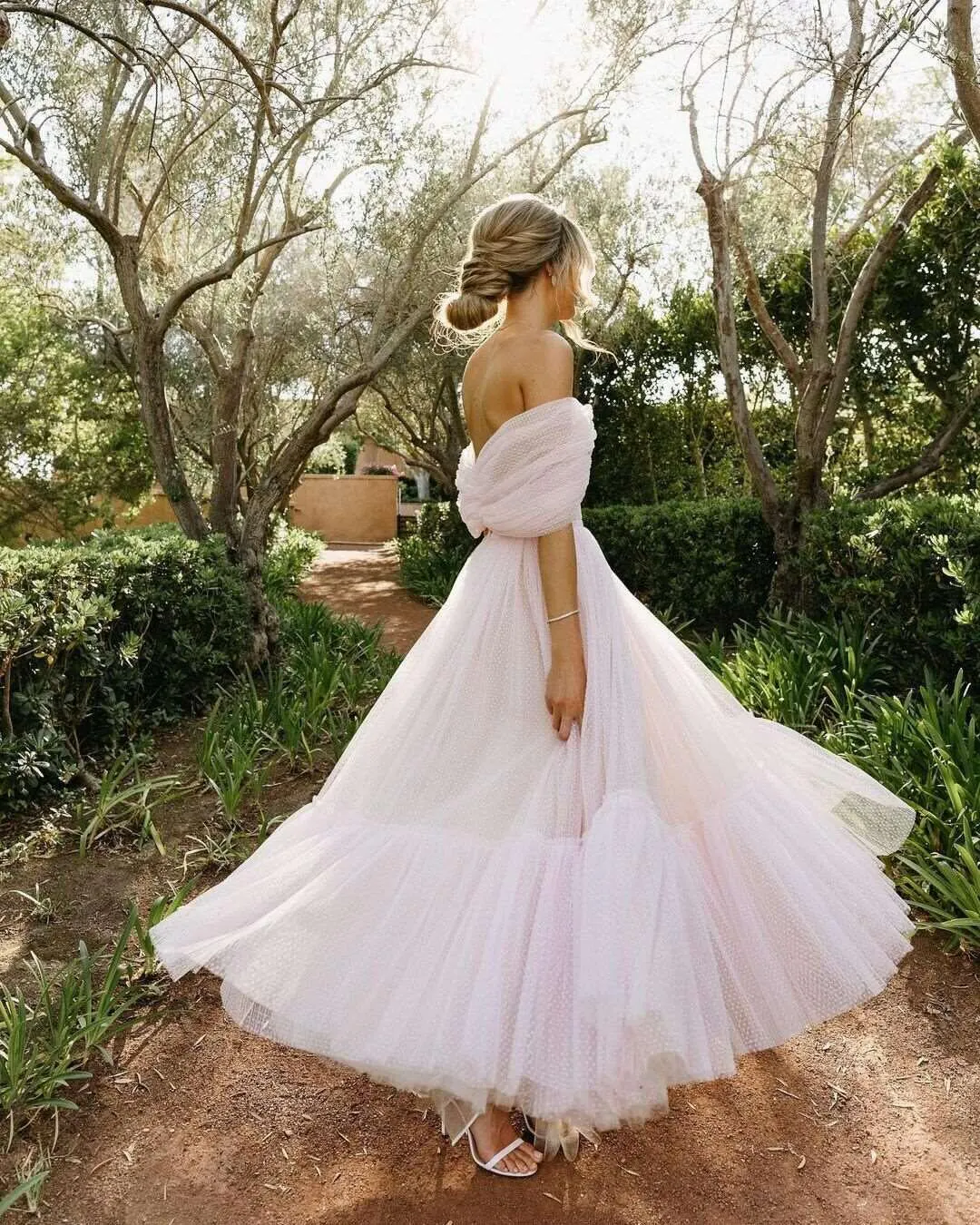 Light Pink A Line Off-the-shoulder Tulle Tea-Length Homecoming Dress Party Dress