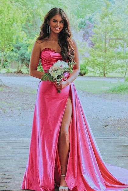 Vida Navy Blue Mermaid Strapless Satin Prom Dress with Slit