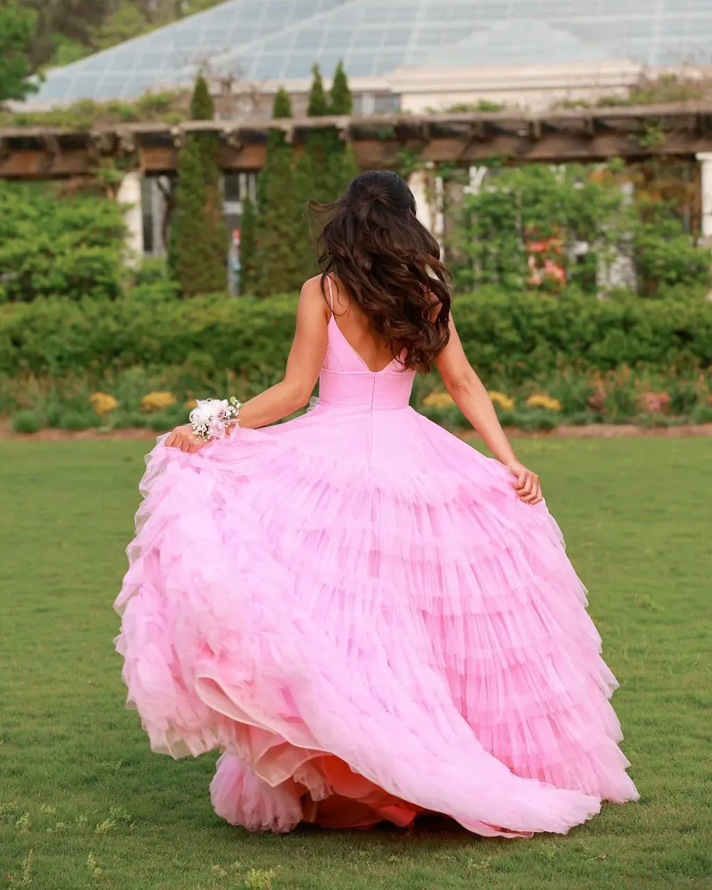 Glitter Pink A Line Spaghetti Straps Tiered Flowers Tulle Cute Homecoming Dress