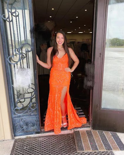 Lakelynn Orange Mermaid Spaghetti Straps Sequined Lace Prom Dress