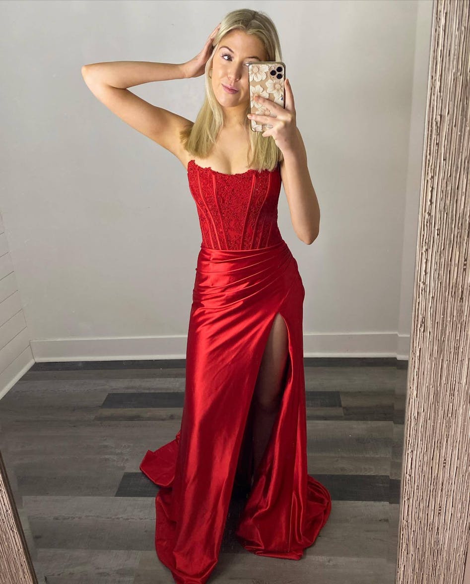 Arielle Red Sheath Strapless Corset Satin Prom Dress with Slit and
