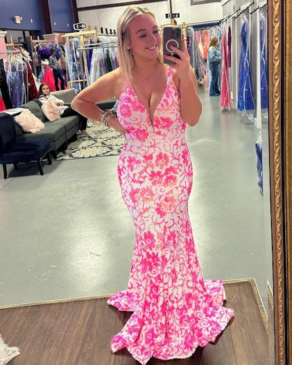 Bailey, Pink V Neck Sequin Lace Mermaid Prom Dress