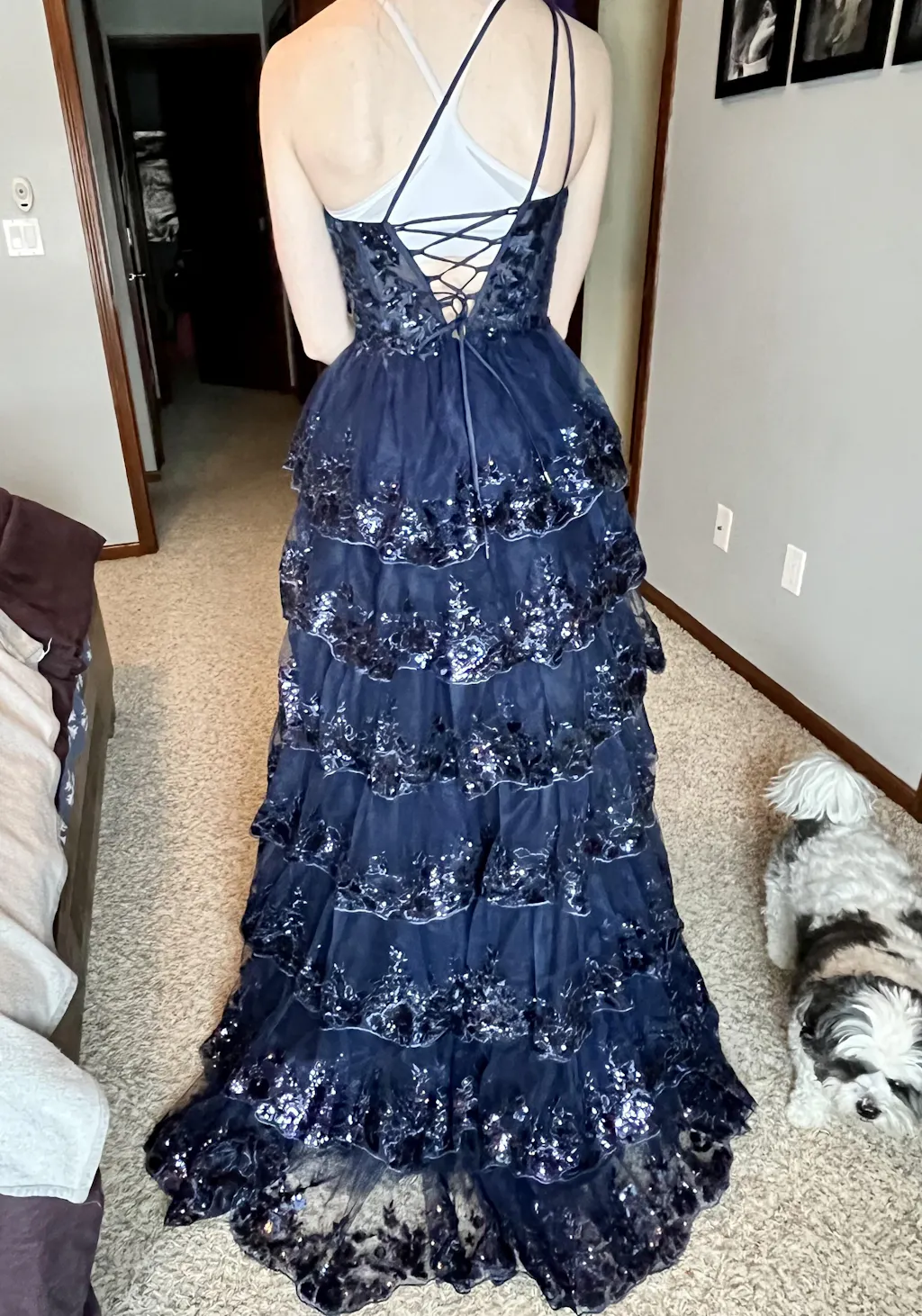 11697 Ecru One Shoulder Tiered Lace Dress
