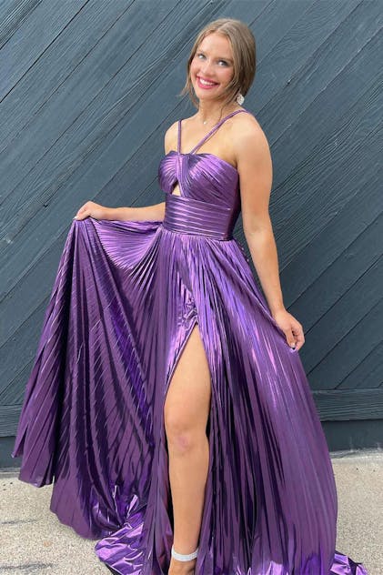 City Studios Trendy Plus Size Metallic A-line Gown in Purple