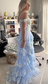 Grey Blue Princess A Line Off the Shoulder Corset Prom Dress with Lace  Ruffles